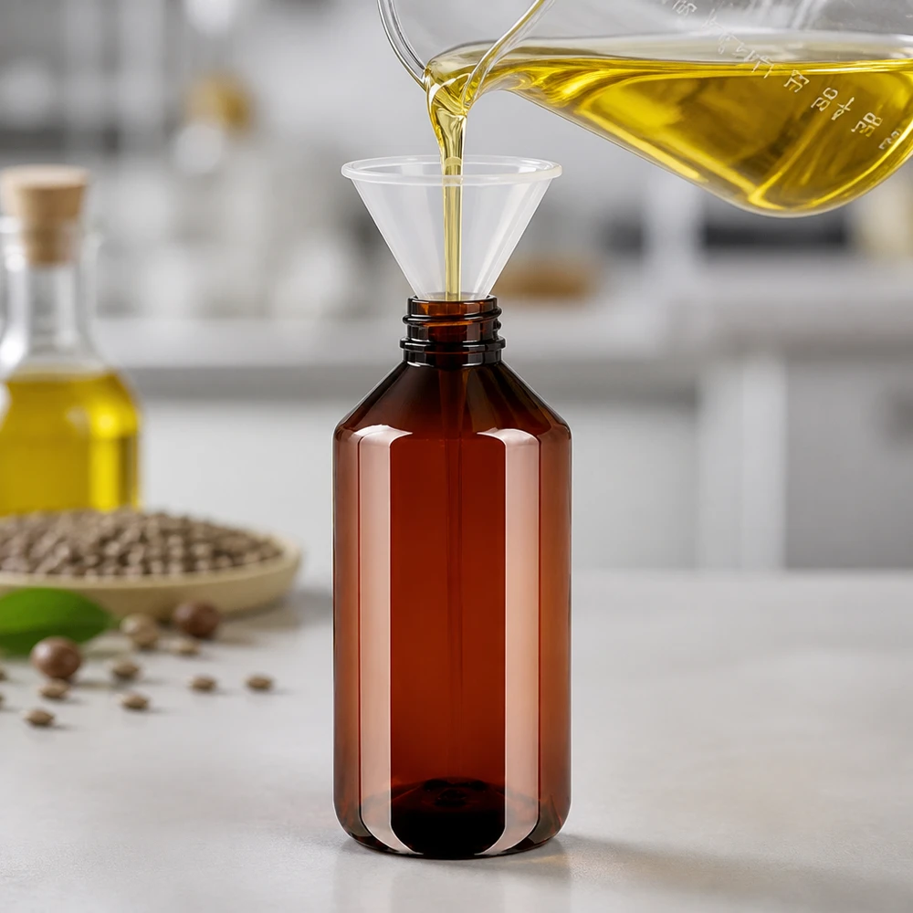 Een slanke, bruine ronde PET-fles van 750 ml wordt gevuld met goudkleurige olie