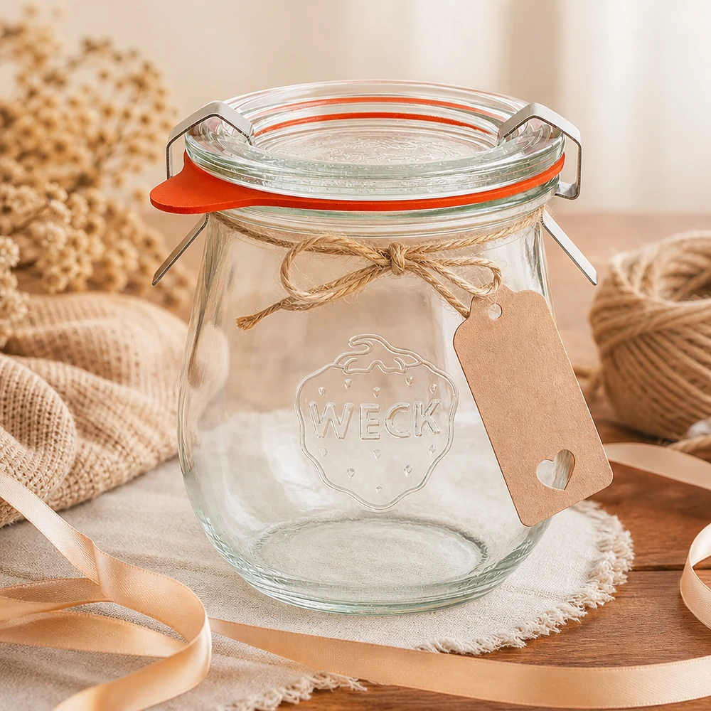 WECK tulpenpot 220ml RR60 met cadeaulabel en jute strik decoratief gerangschikt op een linnen servet