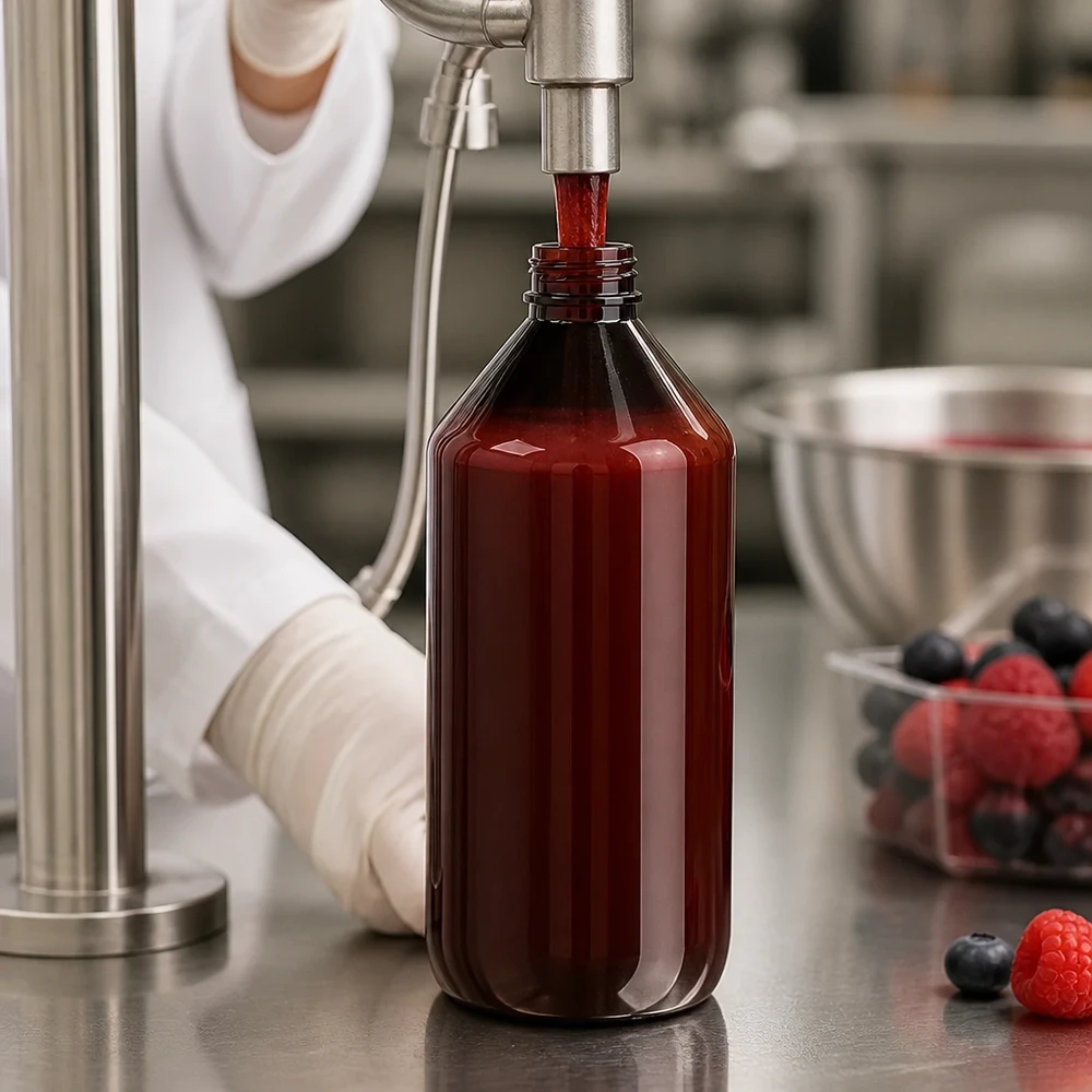 PET fles 750ml met rode verzegelstop Industriële afvulling van sap in een doorzichtige bruine PET-fles van 750 ml met een rode schroefdop