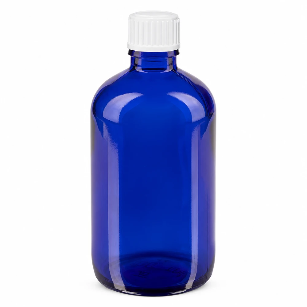 Cilindrische druppelfles van 100 ml, blauw, van hoogwaardig apothekersglas met doseerdop