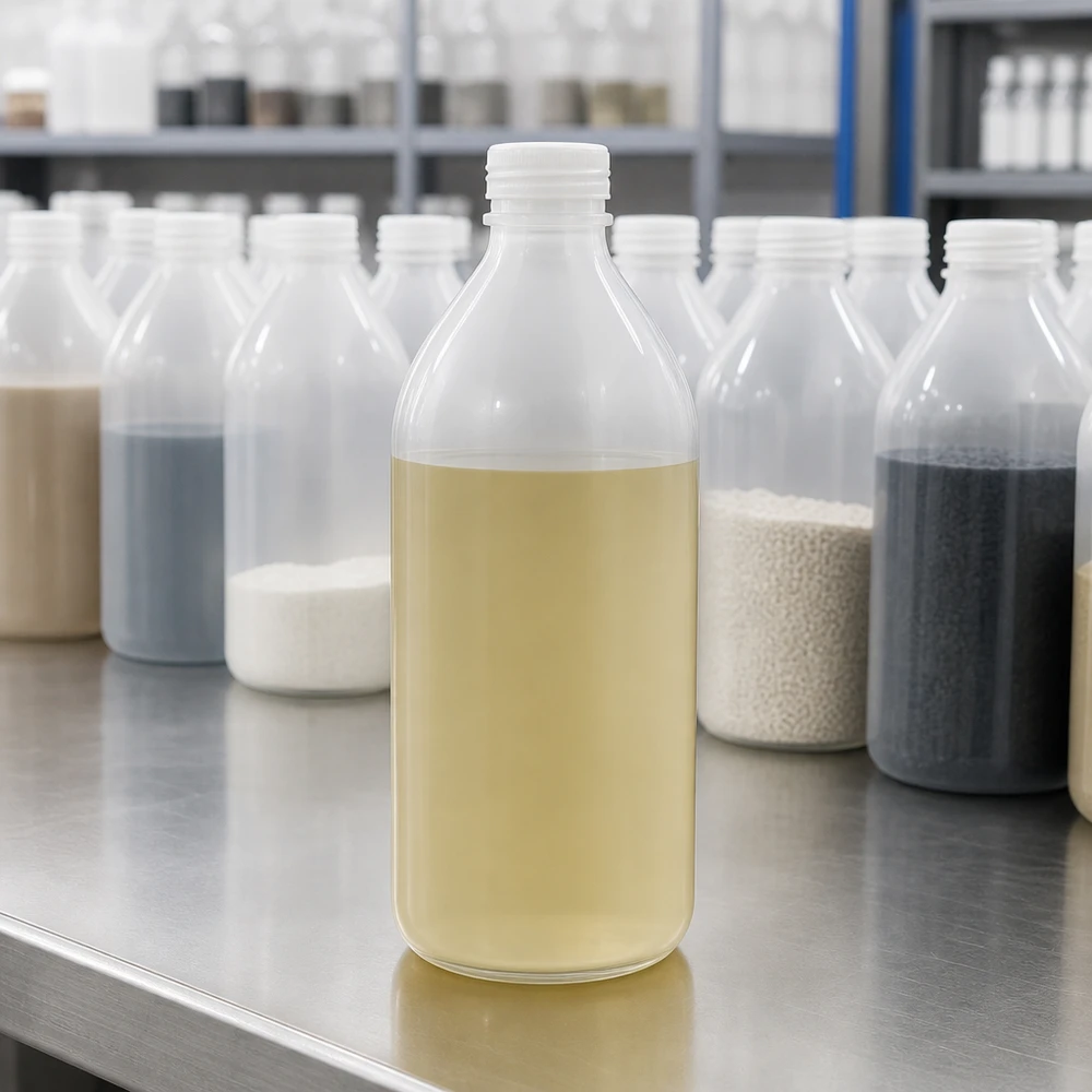 Laboratoriumflessen met smalle hals, 500 ml, zonder dop, naast elkaar op een roestvrijstalen tafel ter vergelijking