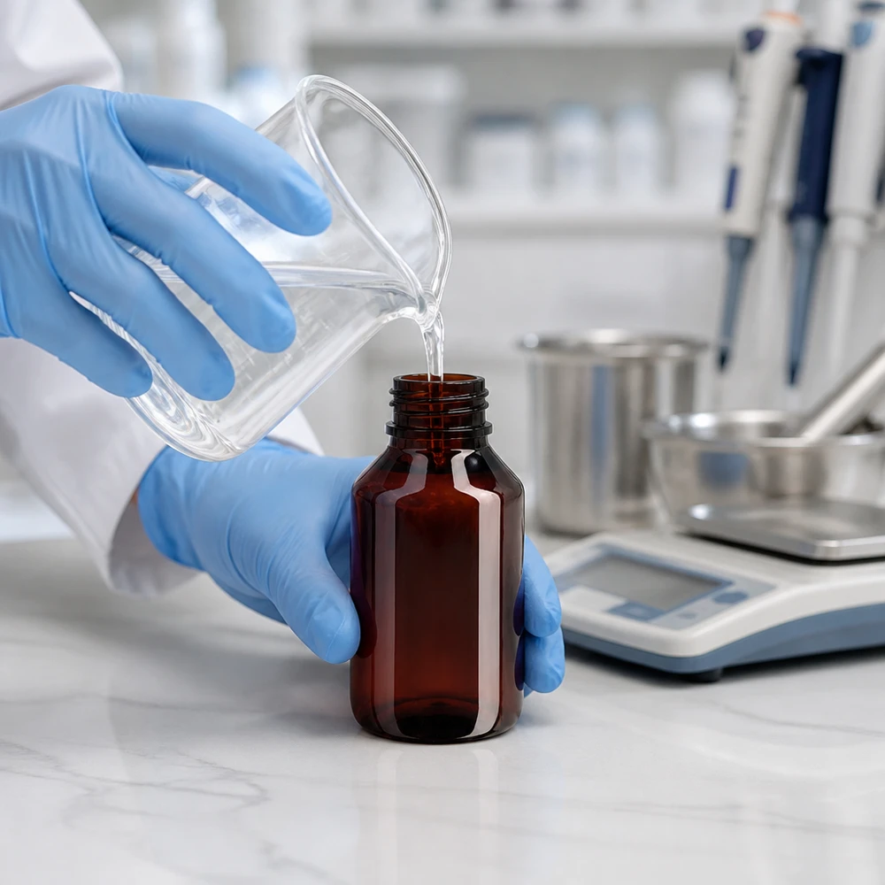50 ml PET medicijnfles met verstuiver zwart GCMI 28/410 incl. dop transparant, standaard Compacte ronde PET-fles van 50 ml in bruin met een blauwe schroefdop en een nauwkeurige opening