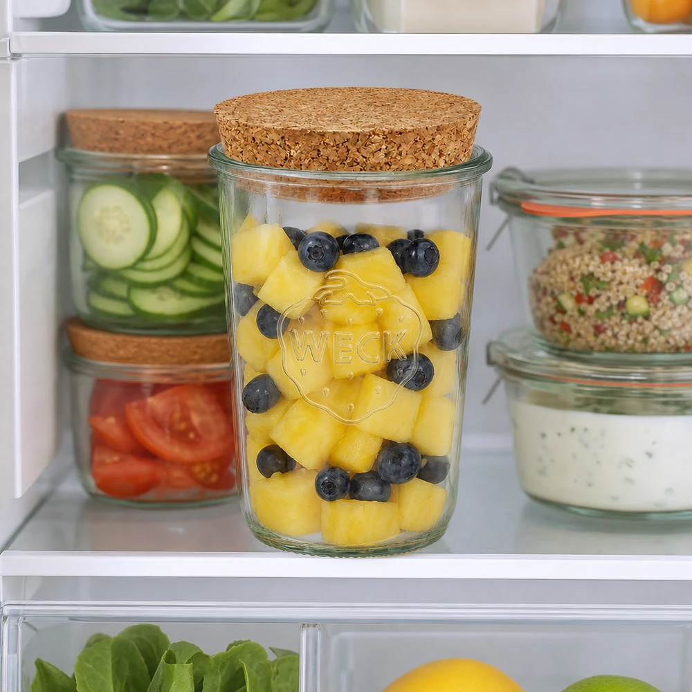 WECK 850ml RR100 voorraadpot met kurk in de koelkast gevuld met onder andere ananas en bosbessen