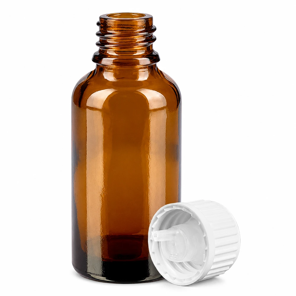 Geneesmiddelflesje 30ml amberkleurig glas met fijne druppelaar van 0,9 mm voor nauwkeurig aanbrengen