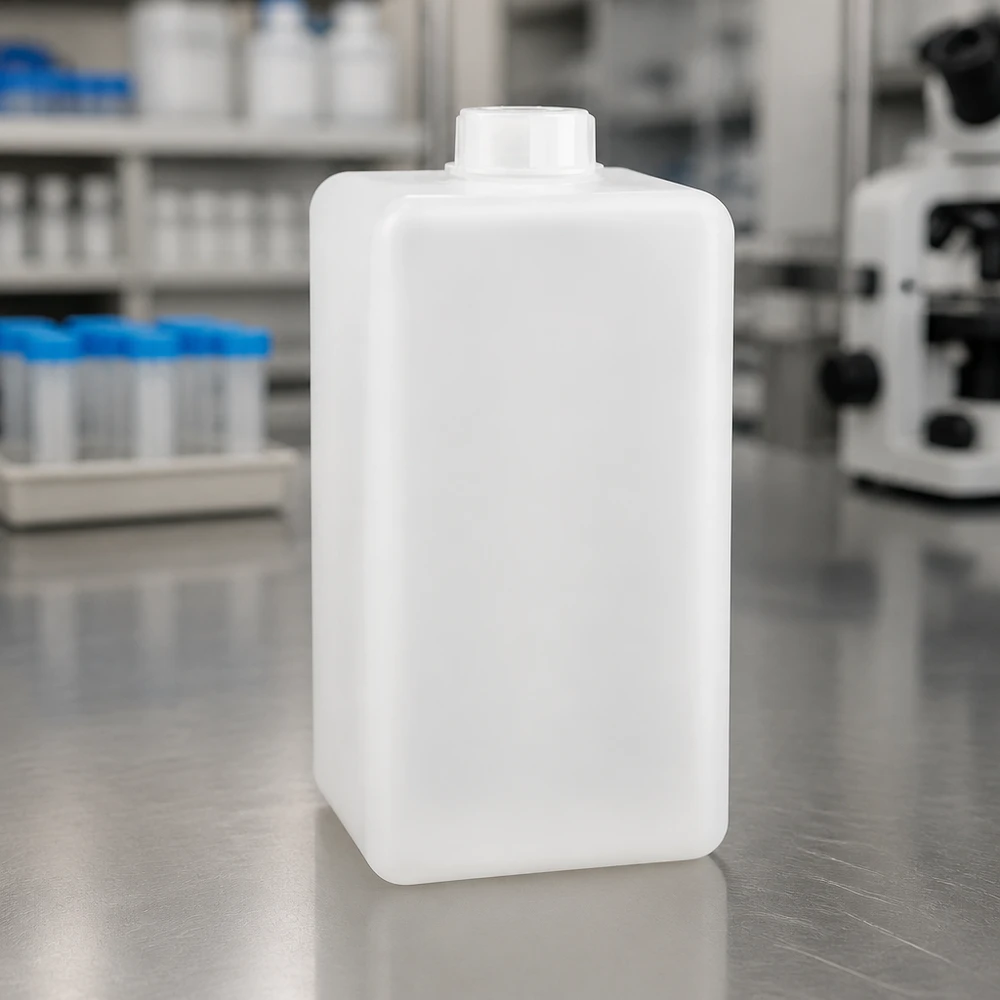 Chemicaliënfles 1500 ml, nauwe hals, incl. sluiting GL 32 Natuurkleurige PE-HD-laboratoriumfles van 1500 ml met witte schroefdop, smalle hals, geschikt voor levensmiddelen