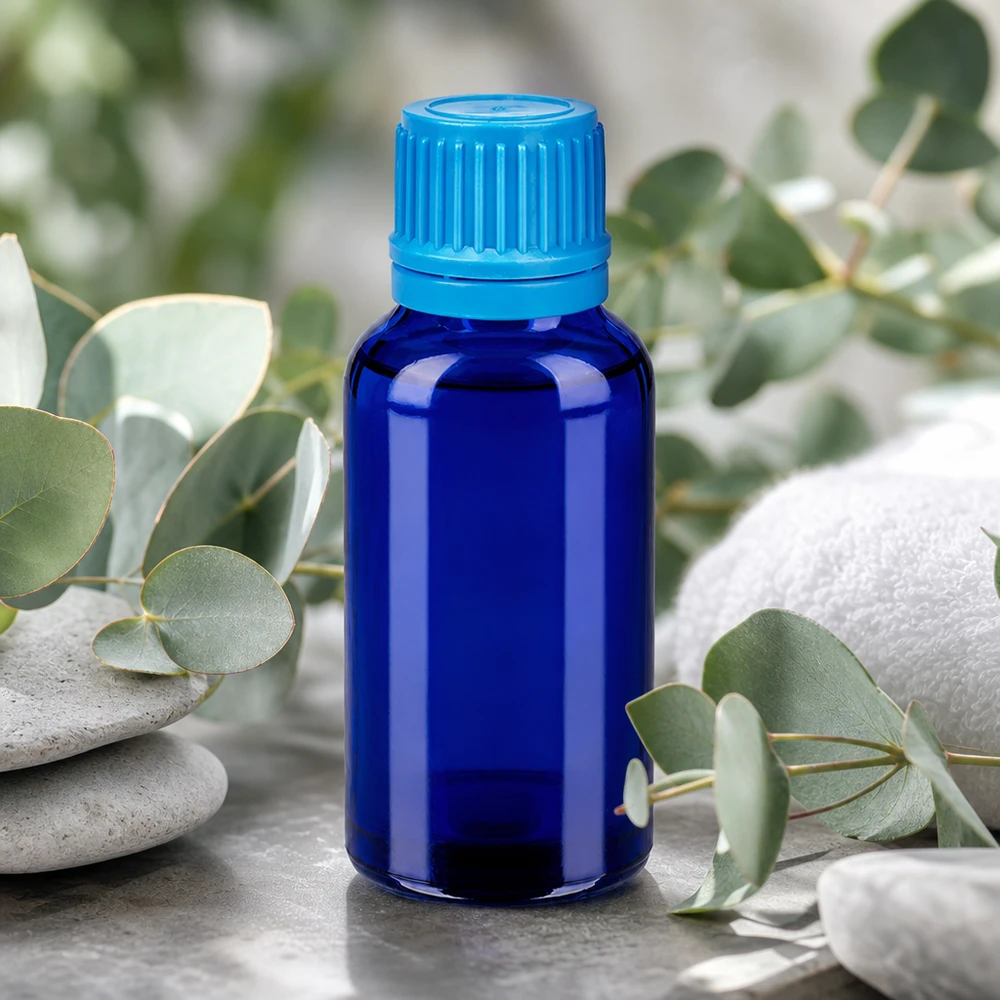 Stijlvolle blauwe glazen fles van 30 ml met schroefdop voor natuurlijke cosmetica en doe-het-zelf mengsels