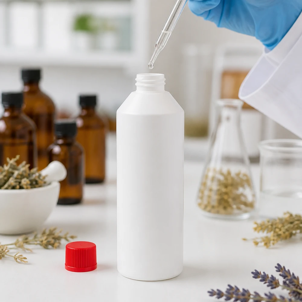PET cilinderfles 250ml wit met schroefsluiting rood Vullen van een witte HDPE-apothekersfles van 250 ml met pipet voor farmaceutische extracten