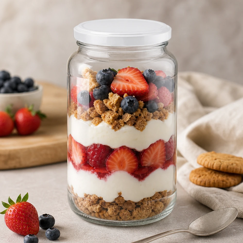 1700 ml ronde pot met BasicSeal deksel als dessertpot voor bessentrifle gevuld met yoghurt en koekkruimels