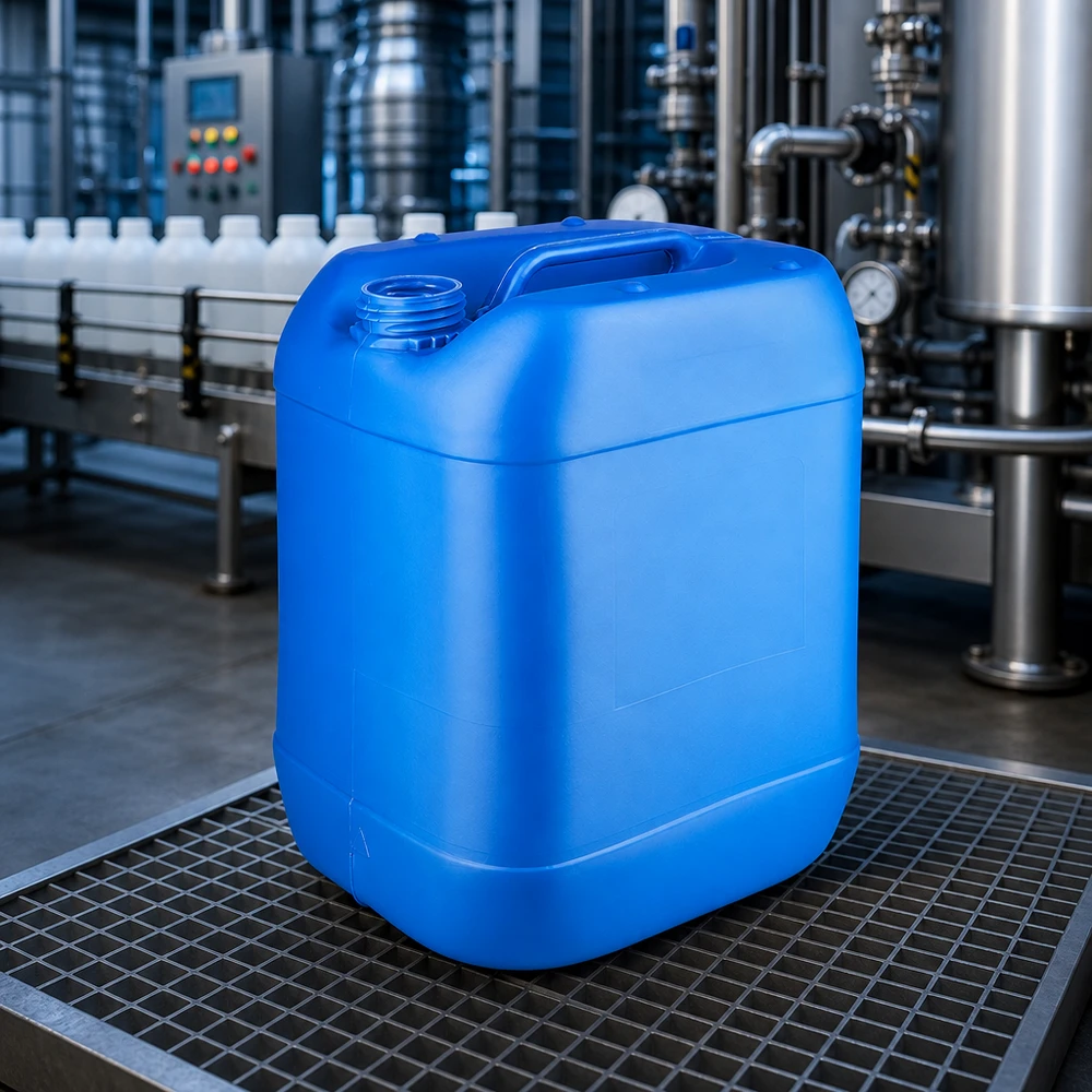 Rechthoekige kunststof jerrycan van 20 liter in blauw, met handgreep aan de zijkant en zonder sluiting