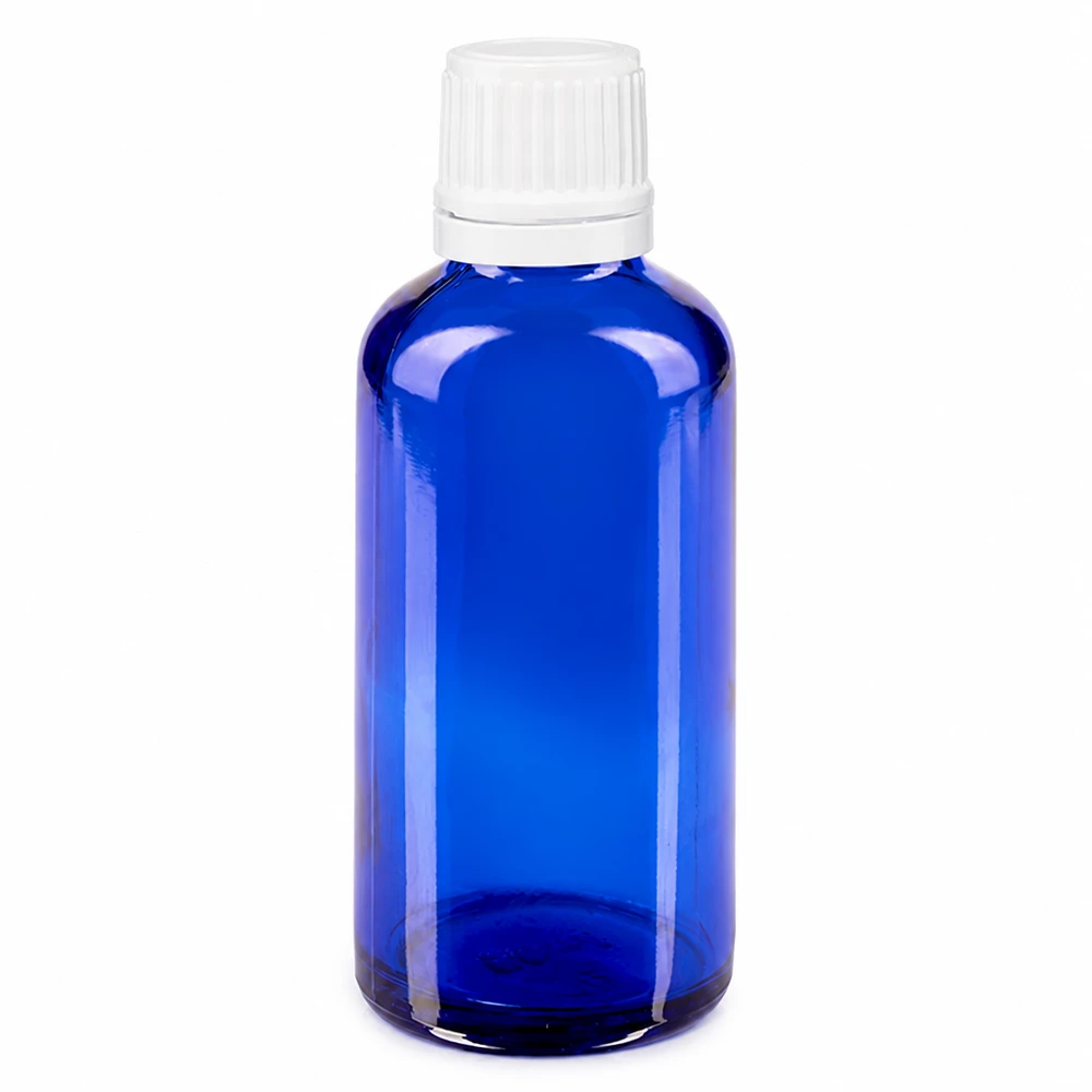 Blauwe glazen flessen 50ml met wit schroefsluiting VR Blauwglazen apothekersflesje 50 ml, UV-bestendig glas met witte veiligheidsdop 11 mm