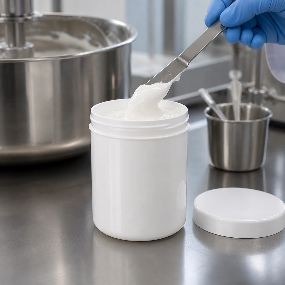 Professioneel afvullen van zalf met een spatel in een witte polypropyleen pot van 500 g in het laboratorium