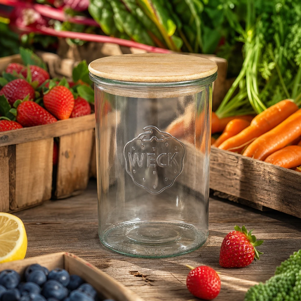 1000ml stortglas WECK RR100 met hout deksel WECK bekers 1000ml RR100 met eiken deksel tussen vers fruit en groenten op een houten tafel Keukensfeer