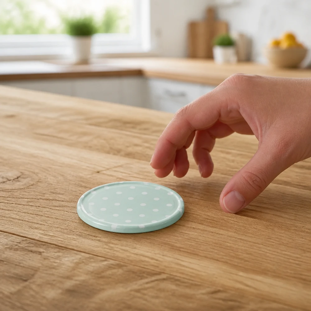 63 mm BasicSeal-deksel, stippen, mint, mat (TO63) UNiTWIST Vlakke, ronde twist-off-dop TO63, in mint-mat, groottevergelijking met een menselijke hand