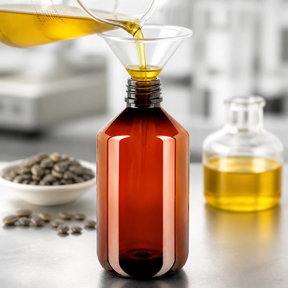 Ronde PET-fles van 500 ml met originaliteitssluiting, wit en geribbeld, voor zaden en plantaardige oliën