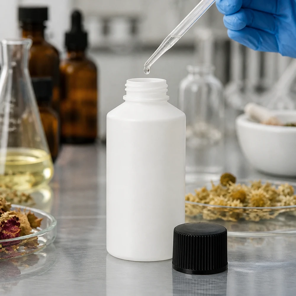 HDPE-farmaceutisch flesje van 50 ml, wit, voor het druppelsgewijs afvullen met een pipet in het laboratorium