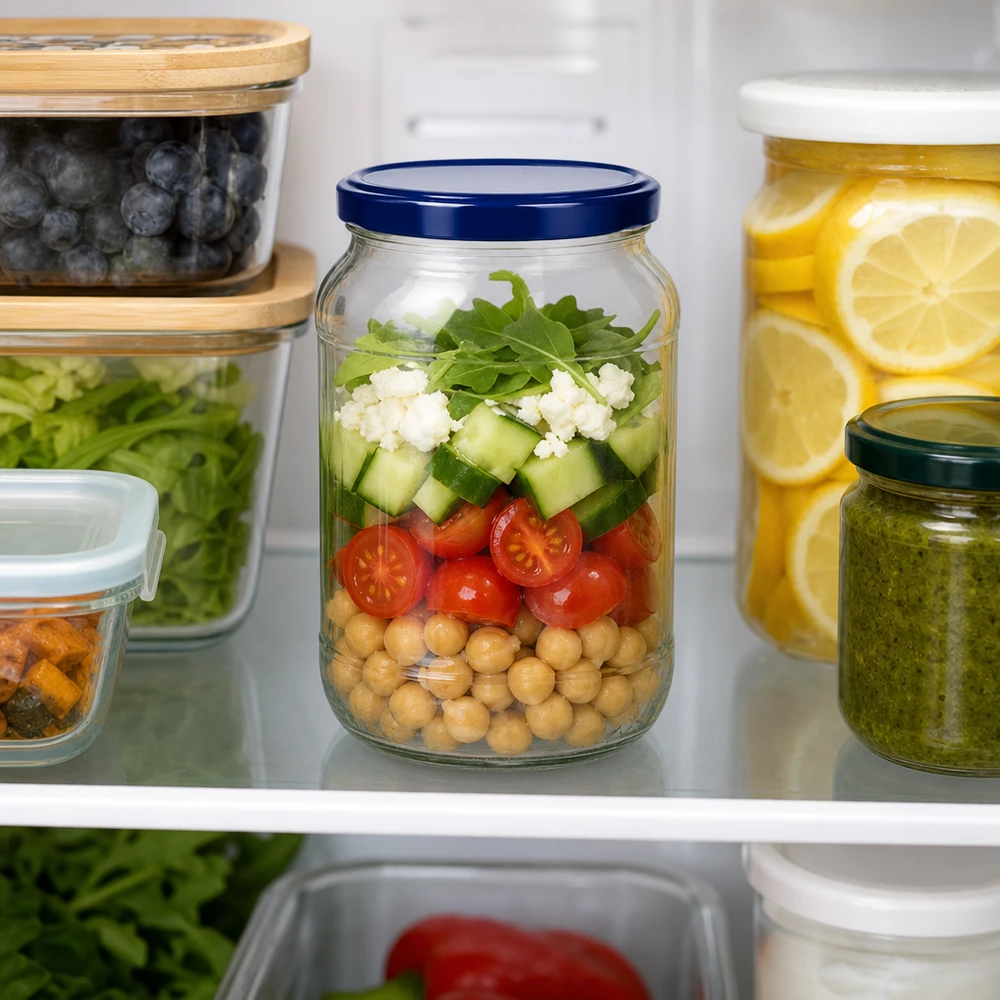 1062ml ronde pot UNiTWIST blauw deksel gelaagde salade kikkererwten tomaten komkommer feta koelkast maaltijd prep pot
