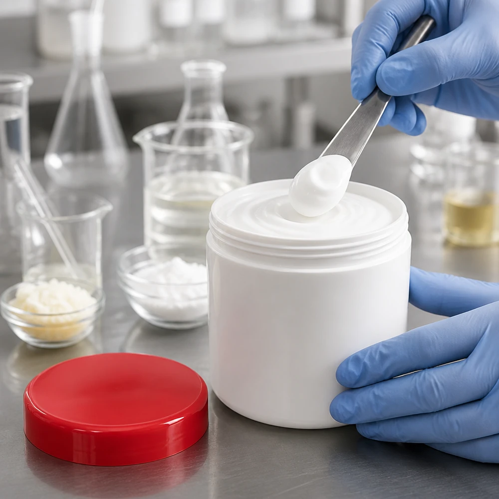 Zalfpot 20 g wit met rood schroefdeksel (PP) Open witte plastic flesje van 20 ml met rode schroefdop bij de kwaliteitscontrole