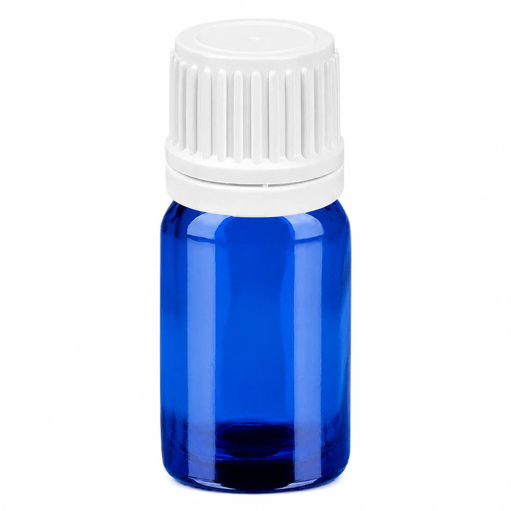 5ml monsterflesje van blauw glas met witte schroefdop voor kleine hoeveelheden