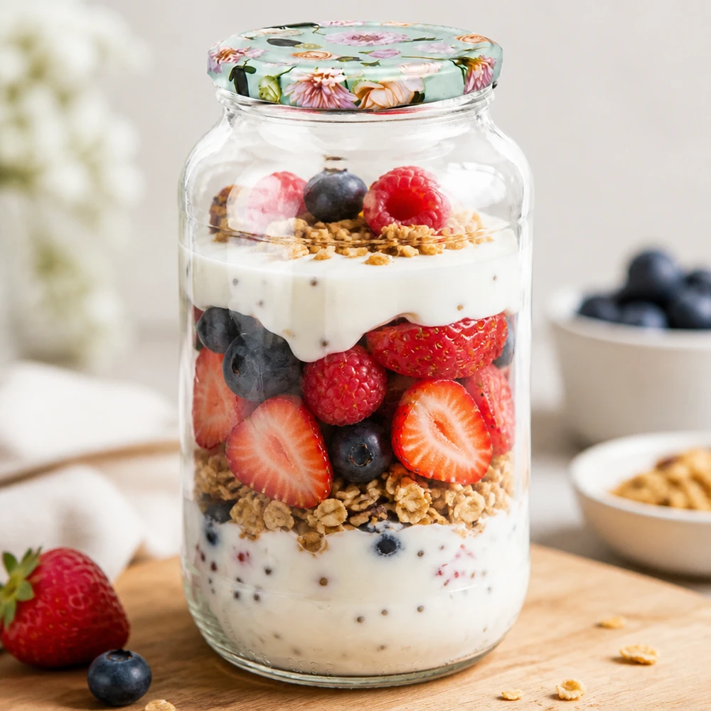 Ronde pot 1062 ml + deksel BasicSeal mintbloem UNiTWIST Ronde pot 1062ml met BasicSeal deksel bloem mint als overnight oats pot gevuld met yoghurt bessen en granola