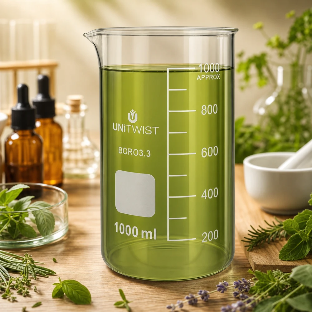 Doorzichtig UNITWIST-maatglas van 1000 ml, hoog model, met groen plantenextract en maatverdeling