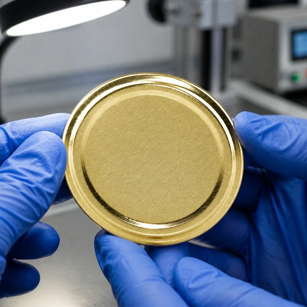 82 mm BasicSeal-deksel goud (TO82) UNiTWIST Gouden 82 mm-inmaakdeksel TO82 BasicSeal UniTwist, vastgehouden door blauwe latexhandschoenen