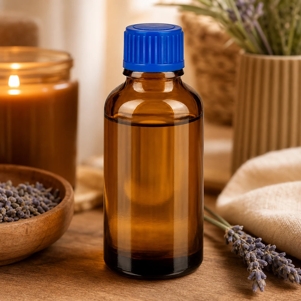 Robuust 30ml apothekersflesje met UV-filter en ergonomische blauwe dop voor eenvoudig openen