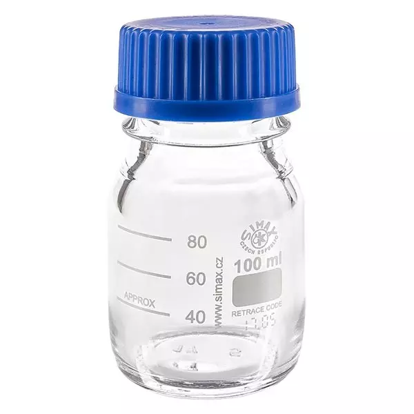 100 ml laboratoriumfles met schroefdraad + blauwe dop + ring