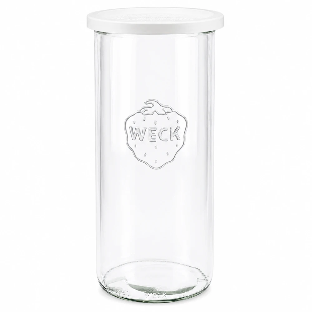 WECK inmaakpot 1500ml RR100 transparant met wit deksel frontaal gefotografeerd toont gegraveerd merklogo