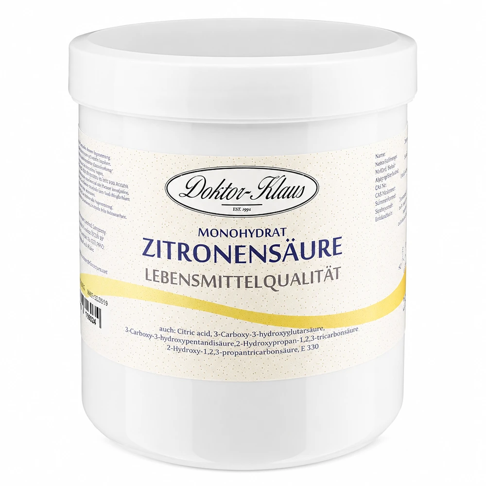 500 g citroenzuur, E330, levensmiddelkwaliteit 500g citroenzuur Doktor-Klaus monohydraat in een witte plastic verpakking voor keuken en huishouden