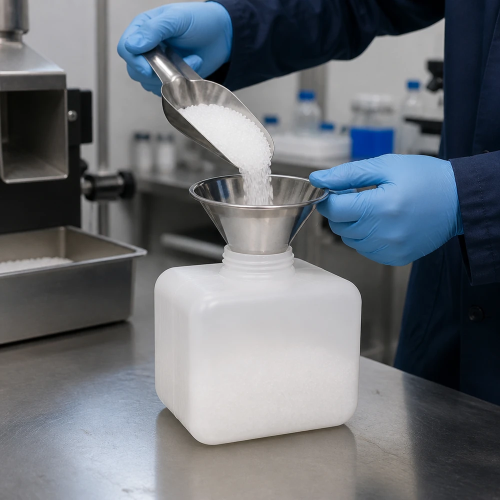 Veilig afvullen van vaste stoffen in een chemiefles van 250 ml met smalle hals (PE-HD) en trechter