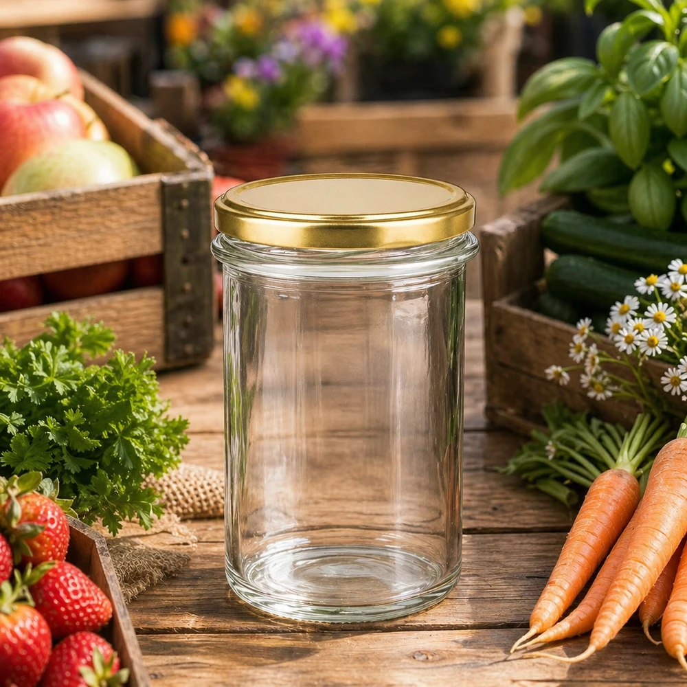 230ml bekers met BasicSeal deksel goud UNiTWIST in de tuin tussen verse groenten, kruiden en fruit