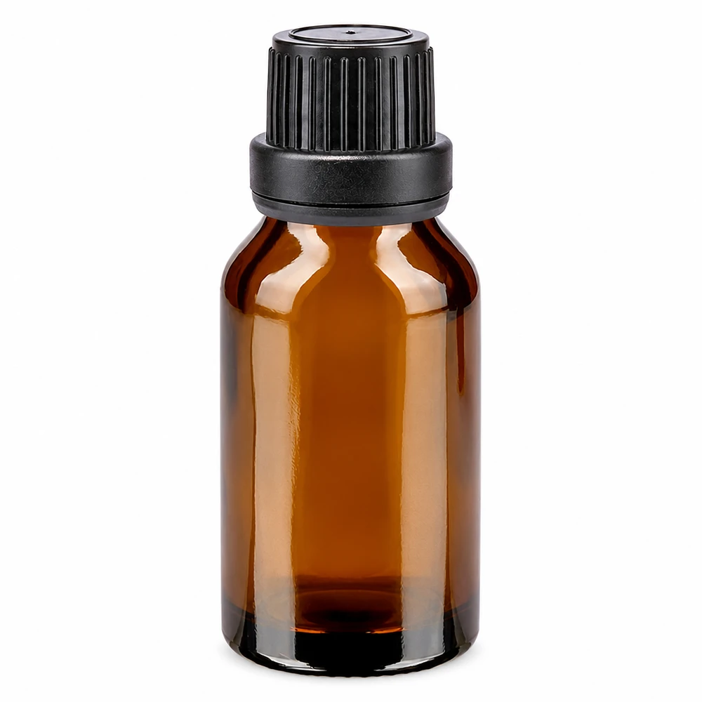 Bruine glazen fles 15ml met zwart schroefsluiting dicht. VR Kleine bruine glazen flesje van 15 ml met verzegelde dop voor etherische oliën