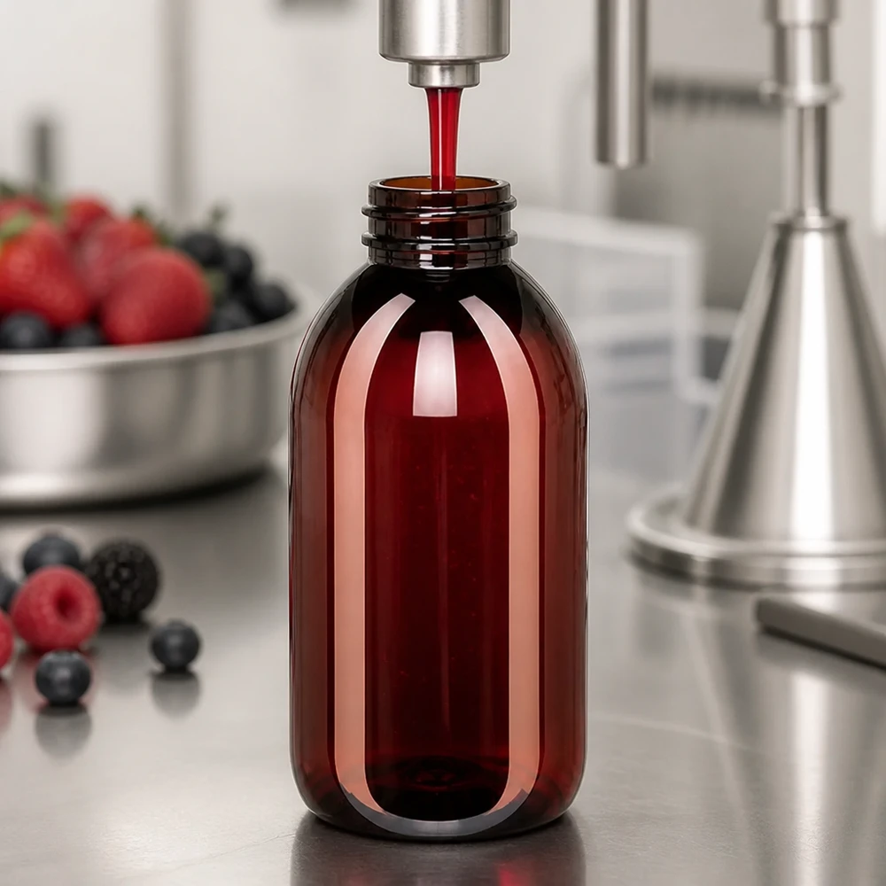 PET fles 250ml met ontgassingsdop rood Voedselveilige PET-fles van 250 ml, bruin met een rode dop en bessen op de achtergrond
