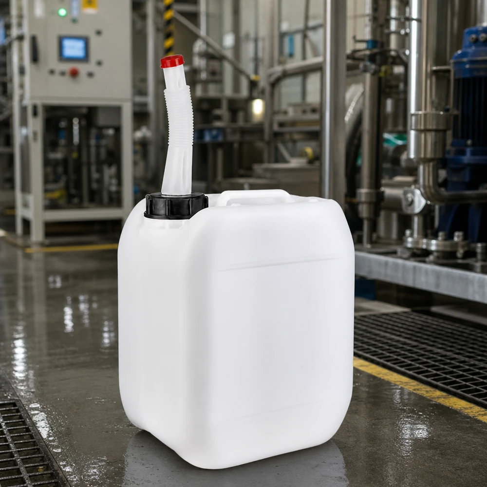 Stapelbare jerrycan van 5 liter met zwarte schroefdop en beweegbare uitloop in de fabriekshal