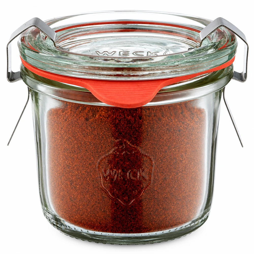 WECK Mini-glazen potje van 80 ml, rond, gevuld met chilipoeder, ideaal voor het bewaren van kruiden in de keuken
