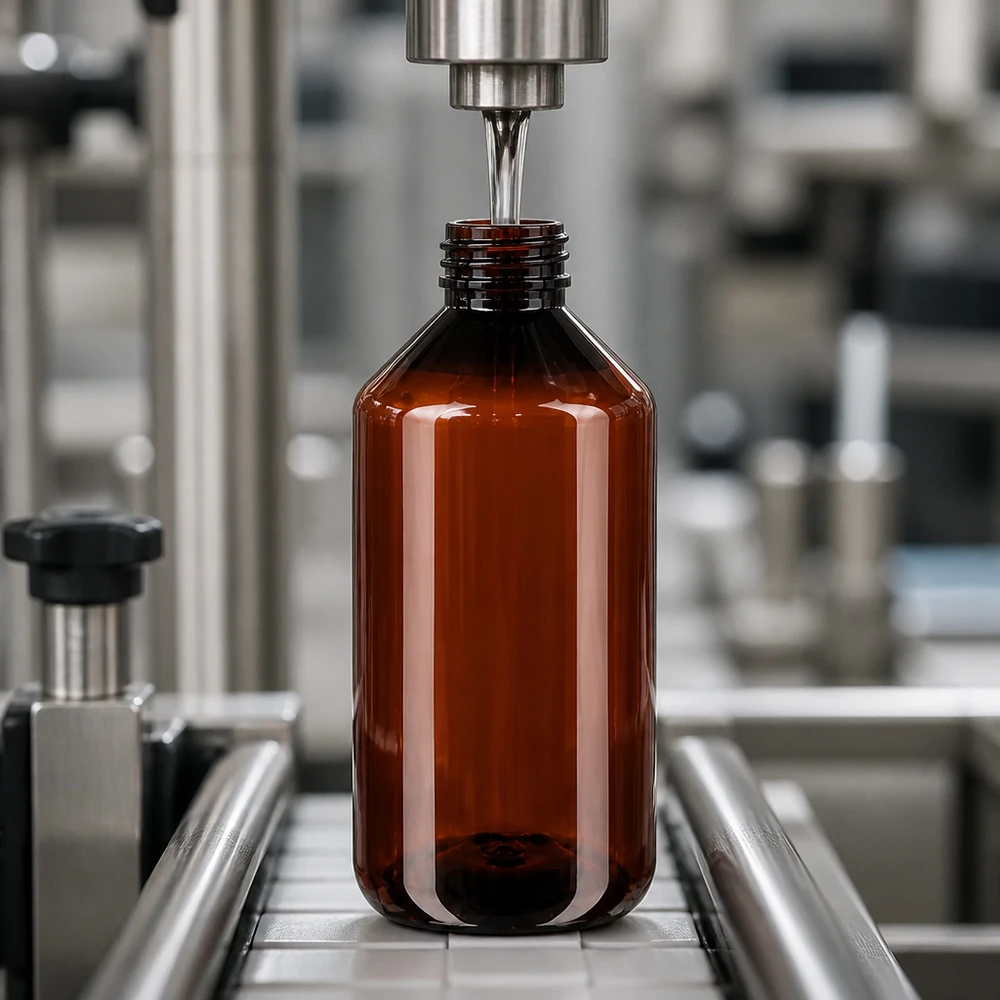 PET-fles 750 ml met bruine dop Standaard Een hoogglanzende bruine PET-fles van 750 ml met een cilindrische vorm wordt machinaal gevuld met vloeistof