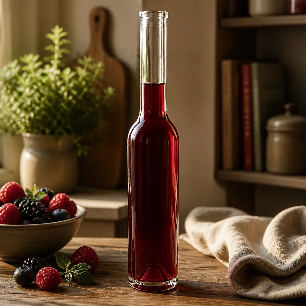200ml glazen fles Hugo rood gevuld met bessenlikeur frambozen bramen keuken setting warme sfeer lifestyle