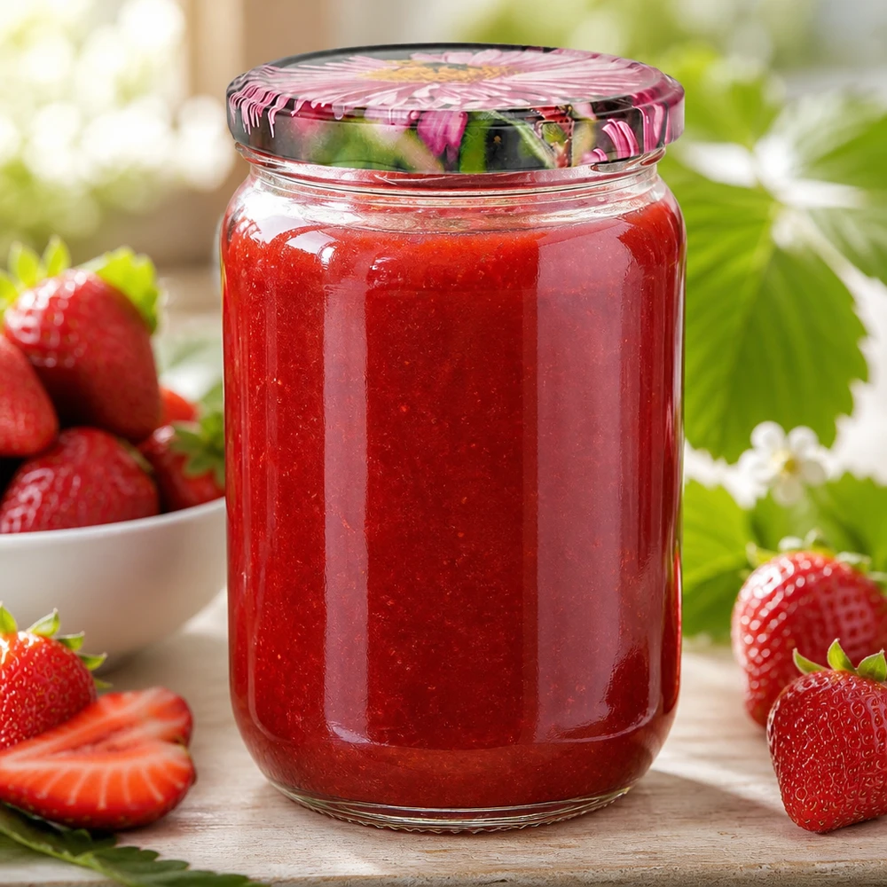 555 ml UNiTWIST-inmaakpot met decoratief BasicSeal-deksel met bloemmotief, geschikt voor jam