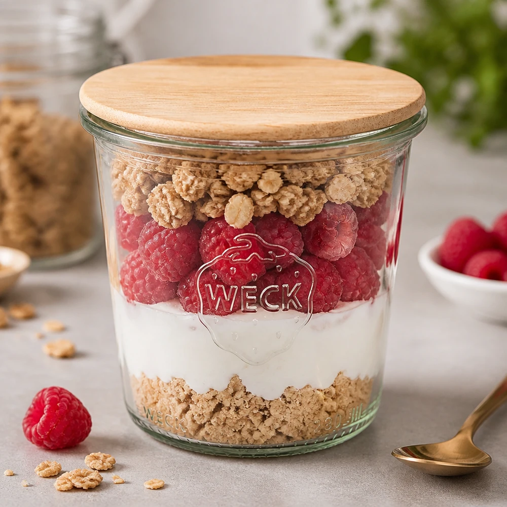 290ml stortglas hoge WECK RR80 met hout deksel WECK beker 290ml RR80 met houten deksel als dessert pot met yoghurt frambozen en muesli in de keuken