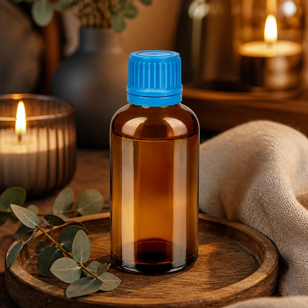 50 ml amberkleurige glazen fles met helderblauw deksel als stijlvolle verpakkingsoplossing voor cosmetica