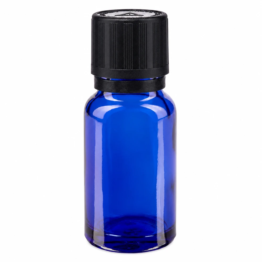Blauwe glazen fles met kindveilige sluiting, 10 ml, UV-bescherming, apothekersglas met druppelinzet van 1 mm