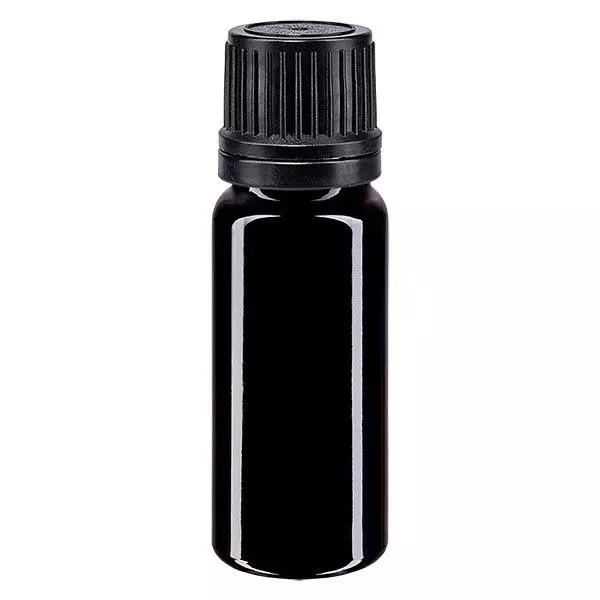 Violetglas fles 10ml DIN 18 met zwart schroefsluiting uitgietring VR Violetglas fles 10ml DIN 18 met zwart schroefsluiting uitgietring VR