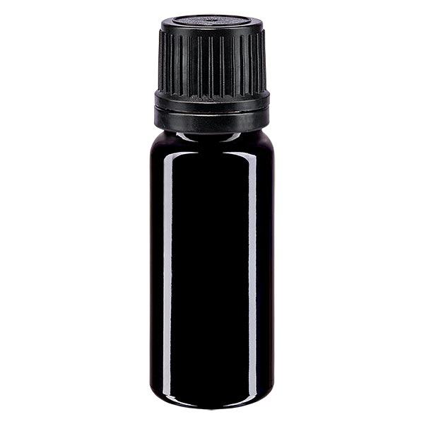 Violetglas fles 10ml DIN 18 met zwart schroefsluiting uitgietring VR Violetglas fles 10ml DIN 18 met zwart schroefsluiting uitgietring VR