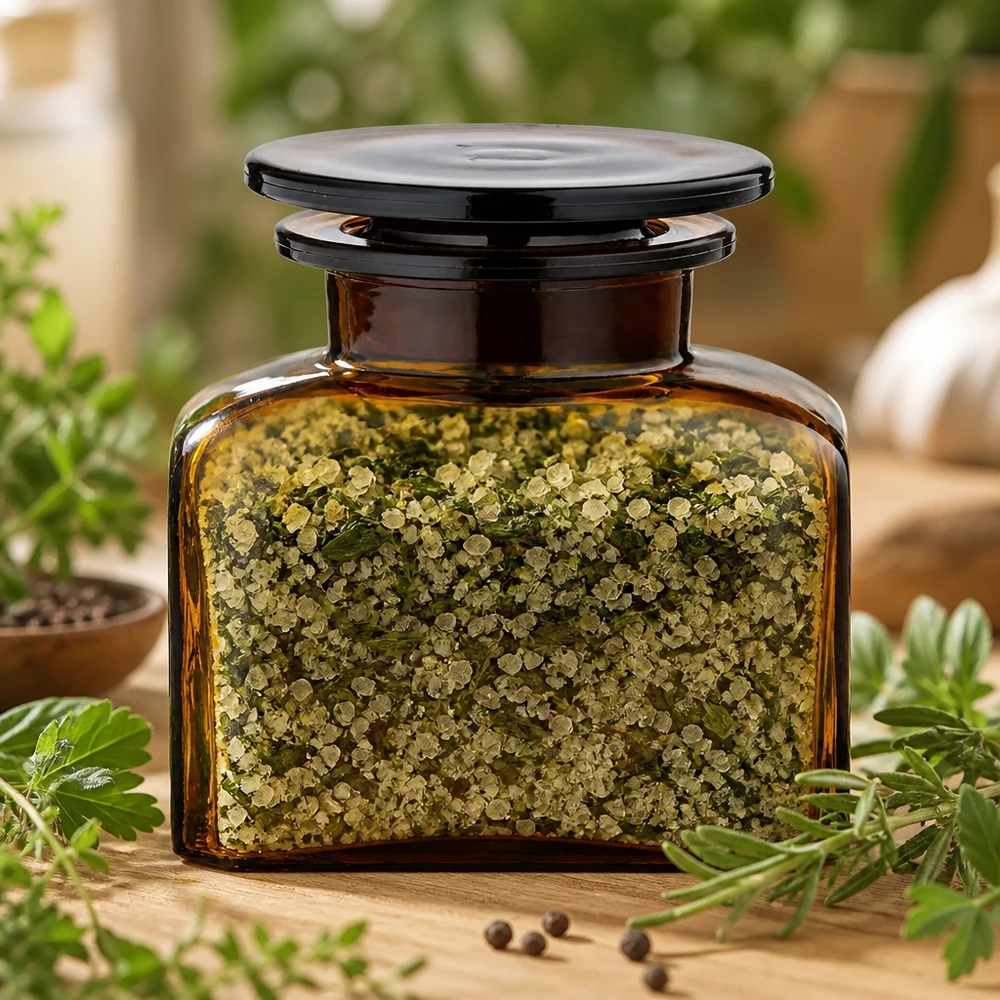 Idee voor een glazen kruidenpotje: Vierkante apothekersfles 150 ml met wijde hals bruin glas incl. glazen stop Kruidenpotje van bruin glas met brede hals, 150 ml, met kruidenzout en decoratieve glazen dop