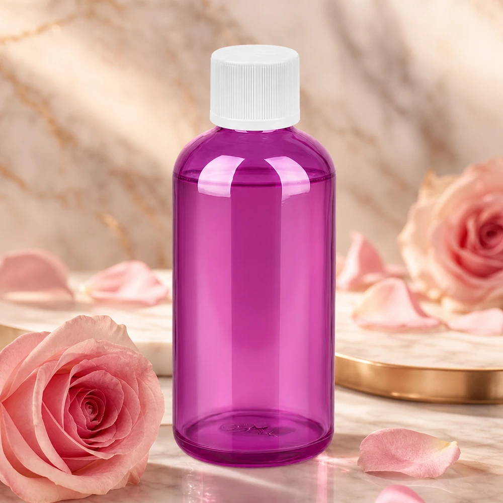 100 ml violet getint plastic flesje met witte 11mm dop beschermt tegen UV-licht