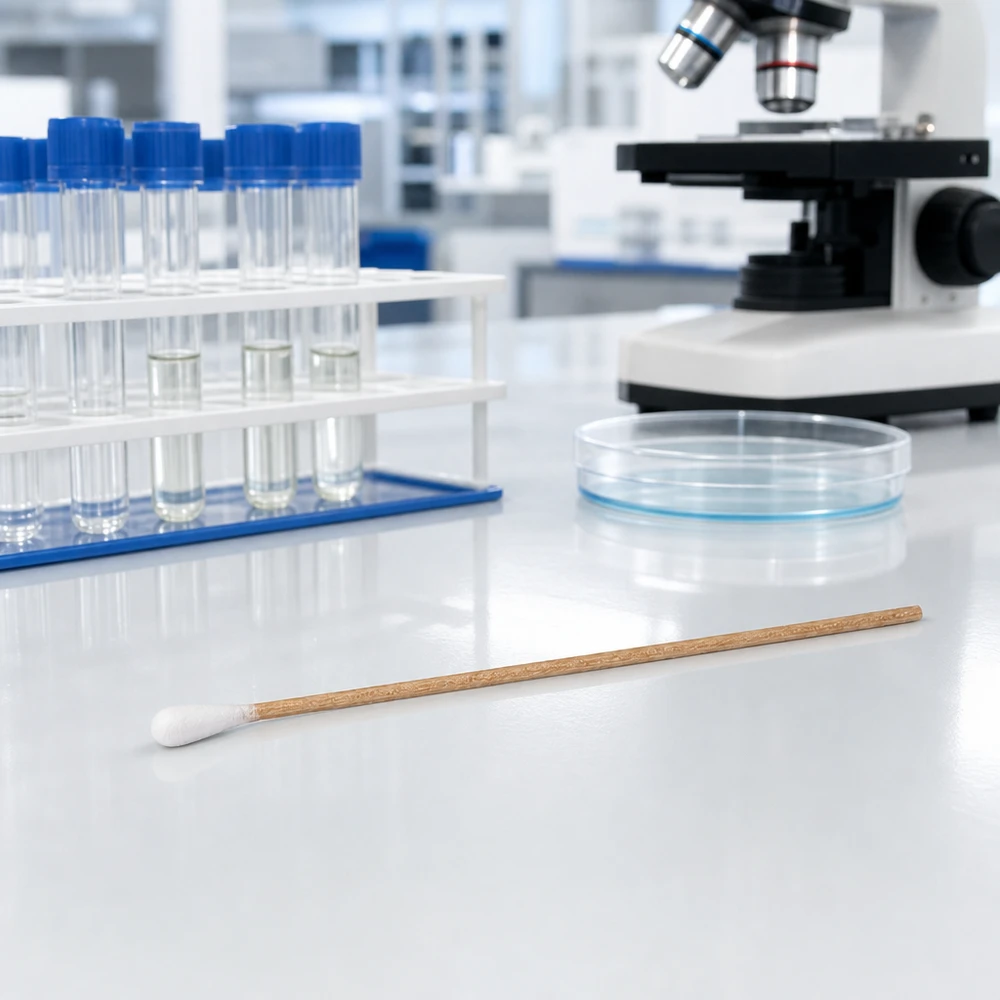 Oorstokjes (niet-steriel) naast proefbuisjes met een blauw deksel en een lichtmicroscoop in het laboratorium