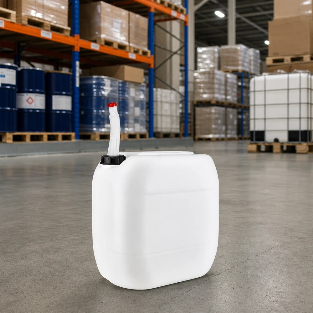 Compacte, door de VN goedgekeurde jerrycan van 30 liter met flexibele uitloopbuis in het chemicaliënmagazijn