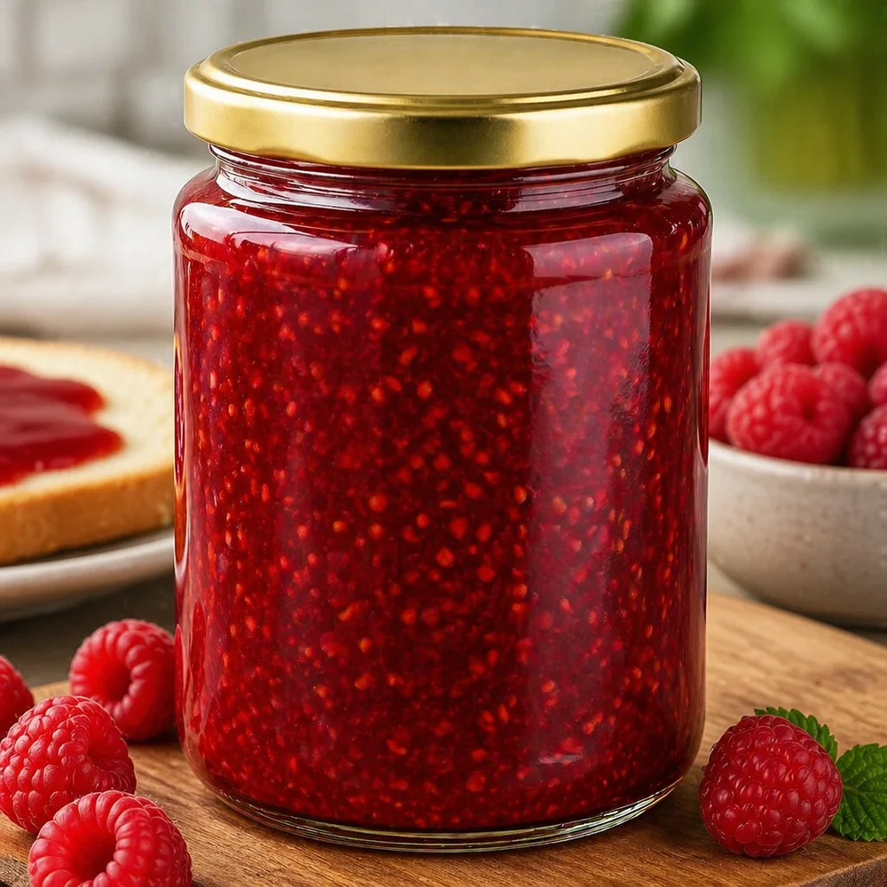 450g BasicSeal honingpot met gouden deksel gevuld met frambozenjam omringd door verse frambozen