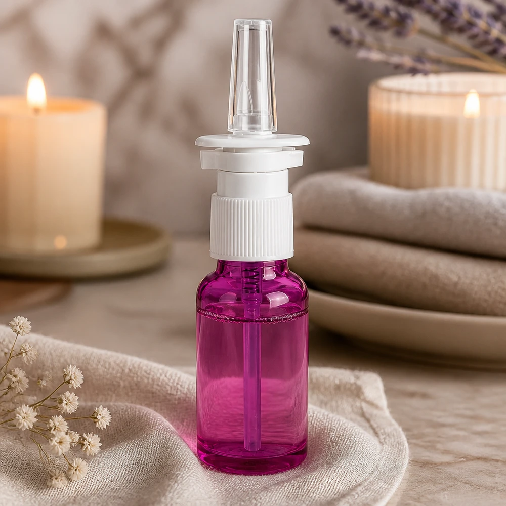 Handig 20ml flesje met neusspray opzetstuk in paars voor op reis en onderweg