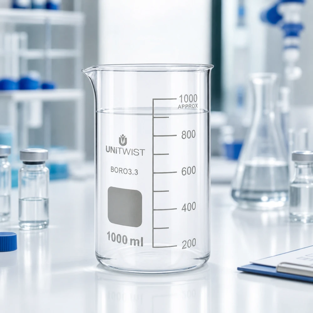 Becherglas 1000 ml, hoog model, UNITWIST Boro3.3, hittebestendig laboratoriumglas voor chemische toepassingen